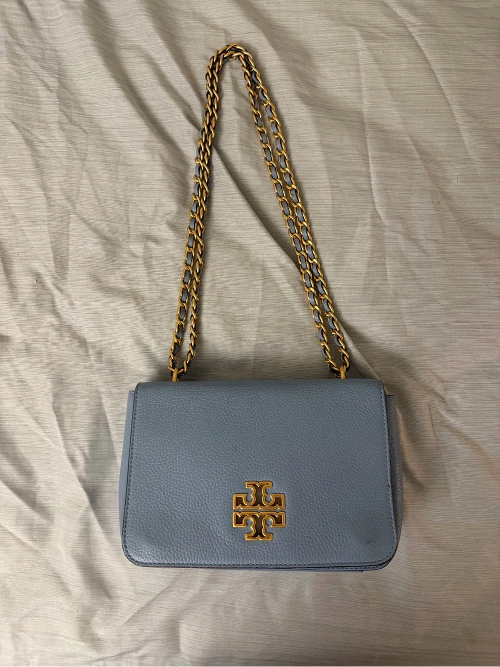Tory Burch Light Blue Leather Shoulder Bag with Gold Chain